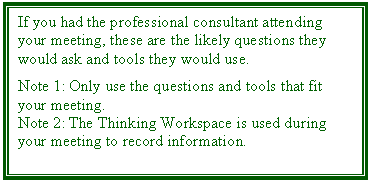 Text Box: If you had the professional consultant attending your meeting, these are the likely questions they would ask and tools they would use. 


Note 1: Only use the questions and tools that fit your meeting.  
Note 2: The Thinking Workspace is used during your meeting to record information.


