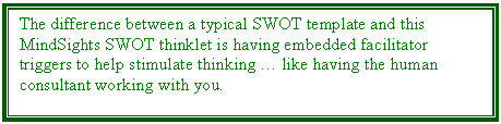 Text Box: The difference between a typical SWOT template and this MindSights SWOT thinklet is having embedded facilitator triggers to help stimulate thinking  like having the human consultant working with you.


