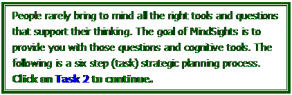 Text Box: People rarely bring to mind all the right tools and questions that support their thinking. The goal of MindSights is to provide you with those questions and cognitive tools. The following is a six step (task) strategic planning process.  Click on Task 2 to continue.


