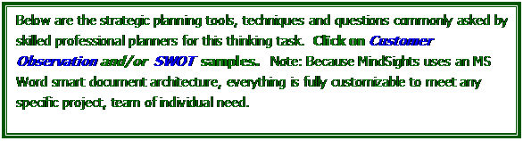 Text Box: Below are the strategic planning tools, techniques and questions commonly asked by skilled professional planners for this thinking task.  Click on Customer Observation and/or  SWOT  samples.   Note: Because MindSights uses an MS Word smart document architecture, everything is fully customizable to meet any specific project, team of individual need.

